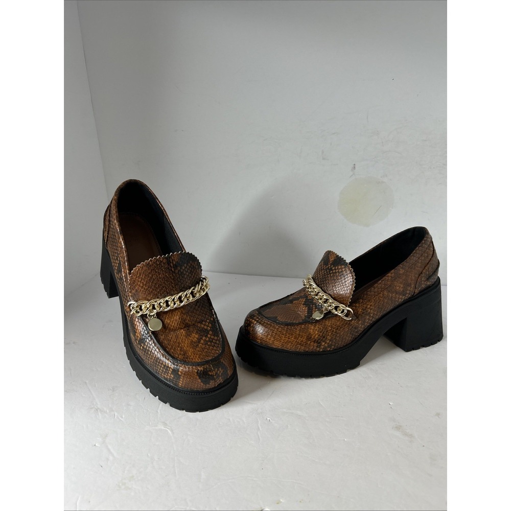 ASOS DESIGN Spicy Chunky Mid Heeled Loafers with Chain in Tan Snake Size 10